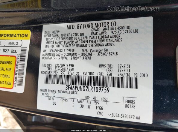 3FA6P0HD2LR109759 2020 FORD FUSION Black Widok komory silnika
