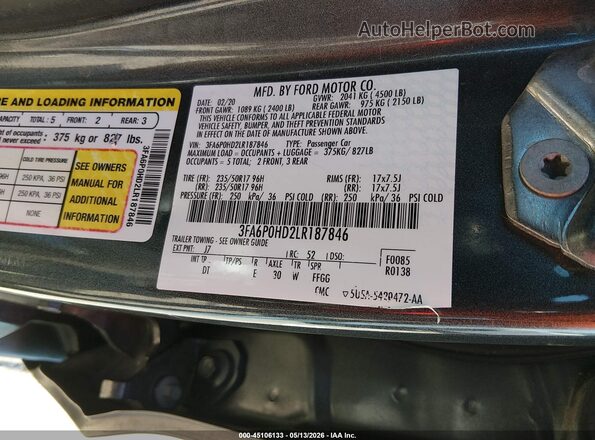 3FA6P0HD2LR187846 2020 FORD FUSION Gray ძრავის განყოფილების ხედი
