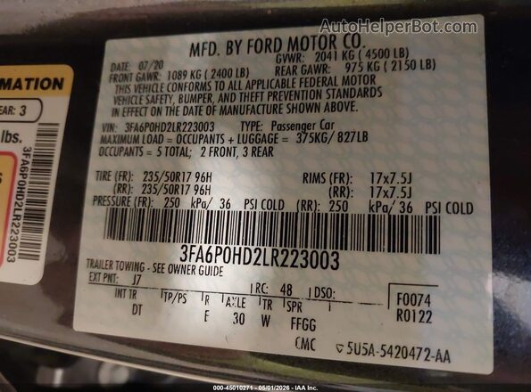 3FA6P0HD2LR223003 2020 FORD FUSION Gray Vista del compartimento del motor