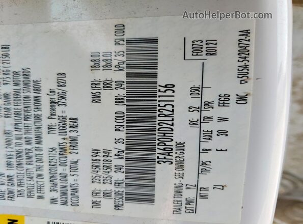 3FA6P0HD2LR251156 2020 FORD FUSION Белый 