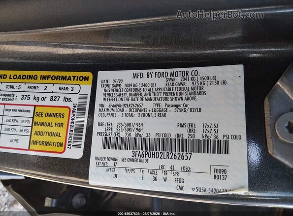 3FA6P0HD2LR262657 2020 FORD FUSION Gray Engine compartment view