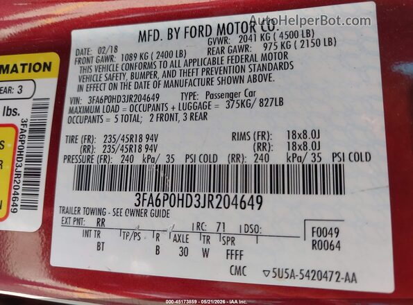 3FA6P0HD3JR204649 2018 FORD FUSION Red Engine compartment view