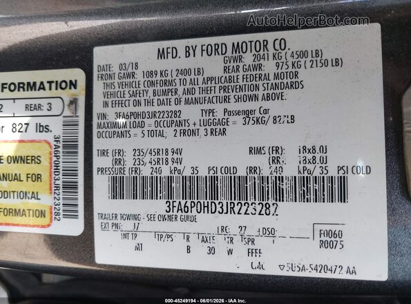 3FA6P0HD3JR223282 2018 FORD FUSION Серый Вид подкапотного пространства