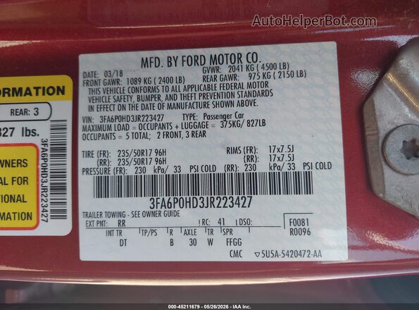 3FA6P0HD3JR223427 2018 FORD FUSION Red Widok komory silnika