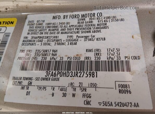 3FA6P0HD3JR275981 2018 FORD FUSION Tan Widok komory silnika