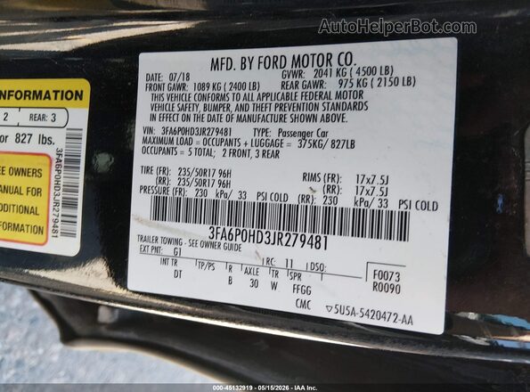 3FA6P0HD3JR279481 2018 FORD FUSION Black ძრავის განყოფილების ხედი
