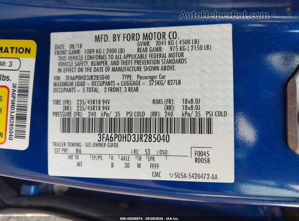3FA6P0HD3JR285040 2018 FORD FUSION Blue Շարժիչի բաժամունքի տեսք