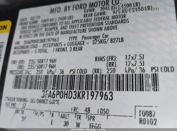 3FA6P0HD3KR197963 2019 FORD FUSION Black Widok komory silnika