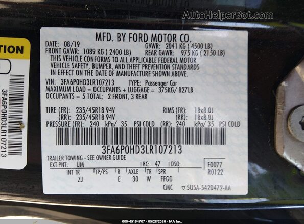 3FA6P0HD3LR107213 2020 FORD FUSION Черный Вид подкапотного пространства