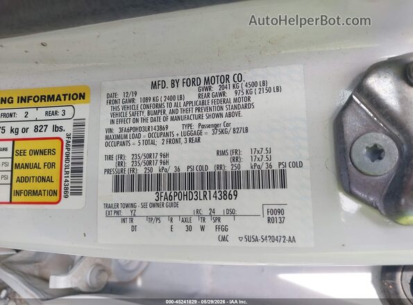 3FA6P0HD3LR143869 2020 FORD FUSION White Շարժիչի բաժամունքի տեսք
