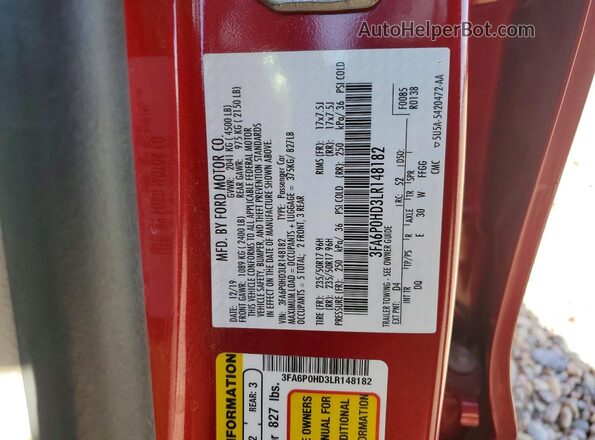 3FA6P0HD3LR148182 2020 FORD FUSION Red Engine compartment view