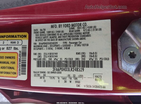 3FA6P0HD3LR248329 2020 FORD FUSION Red Widok komory silnika
