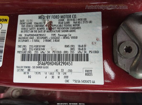 3FA6P0HD4GR290451 2016 FORD FUSION Красный Вид подкапотного пространства