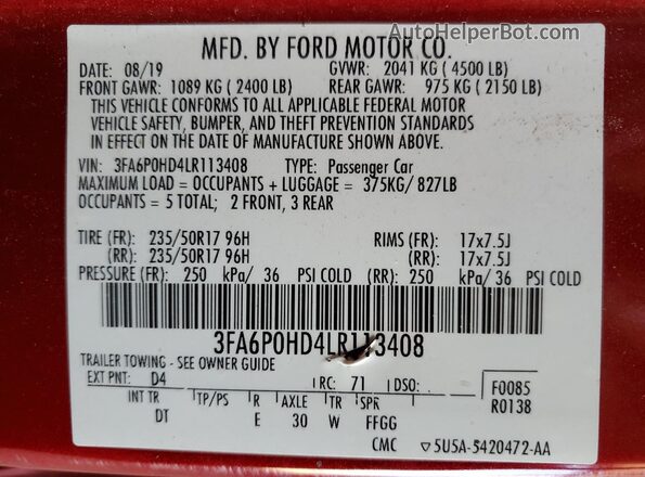 3FA6P0HD4LR113408 2020 FORD FUSION Red Engine compartment view