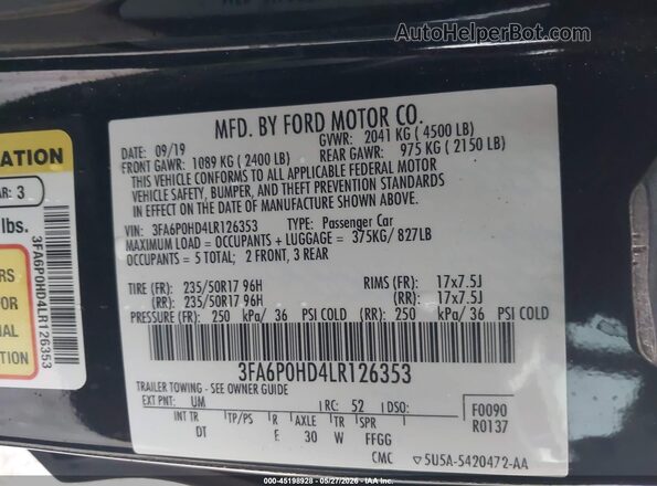 3FA6P0HD4LR126353 2020 FORD FUSION Черный 
