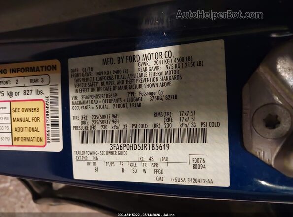 3FA6P0HD5JR185649 2018 FORD FUSION Blue ძრავის განყოფილების ხედი