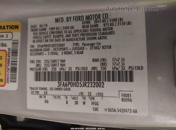 3FA6P0HD5JR232002 2018 FORD FUSION Серебряный Вид подкапотного пространства