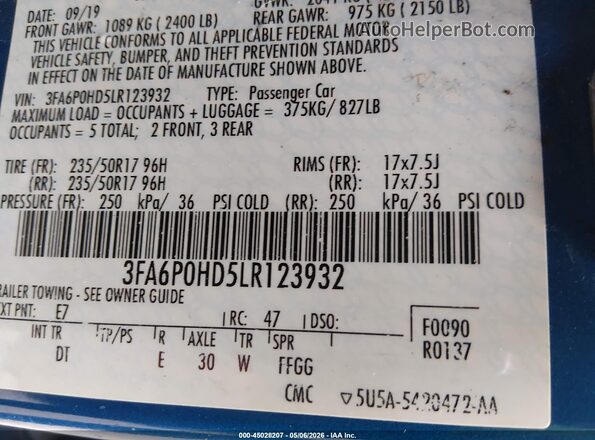3FA6P0HD5LR123932 2020 FORD FUSION Синий Вид подкапотного пространства