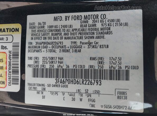 3FA6P0HD6LR226793 2020 FORD FUSION Black Вид підкапотного простору