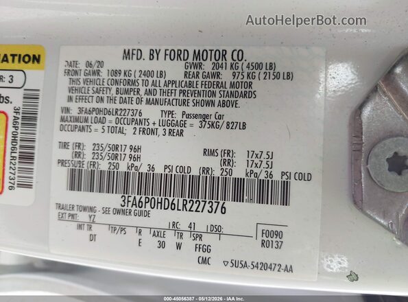 3FA6P0HD6LR227376 2020 FORD FUSION White Вид підкапотного простору