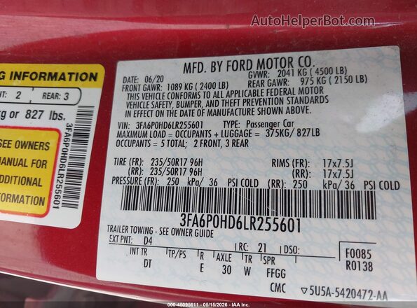 3FA6P0HD6LR255601 2020 FORD FUSION Red 