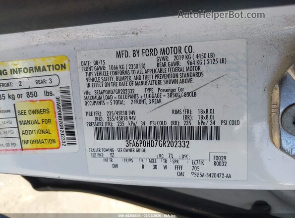 3FA6P0HD7GR202332 2016 FORD FUSION White Vista del compartimento del motor