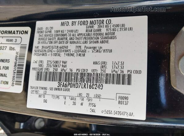 3FA6P0HD7LR160240 2020 FORD FUSION Blue Vista del compartimento del motor