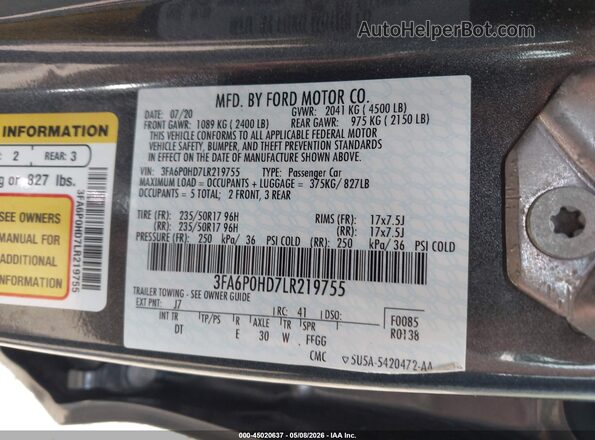 3FA6P0HD7LR219755 2020 FORD FUSION Gray Вид підкапотного простору