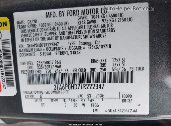 3FA6P0HD7LR222347 2020 FORD FUSION Black 