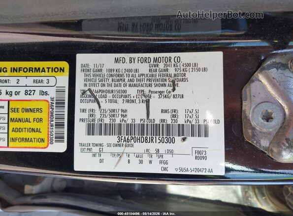 3FA6P0HD8JR150300 2018 FORD FUSION Black Engine compartment view