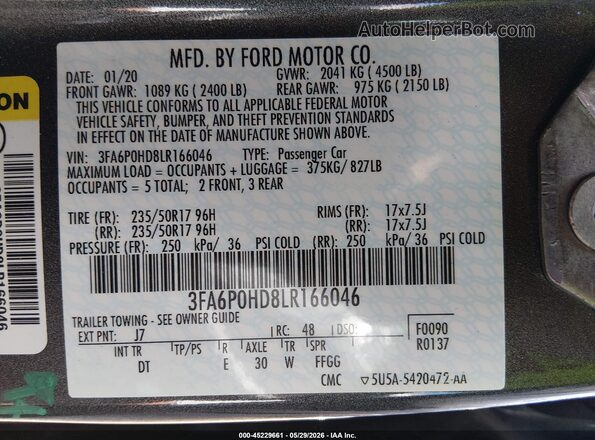 3FA6P0HD8LR166046 2020 FORD FUSION Gray Вид підкапотного простору
