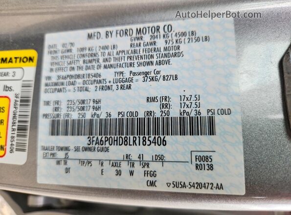 3FA6P0HD8LR185406 2020 FORD FUSION Silver Widok komory silnika