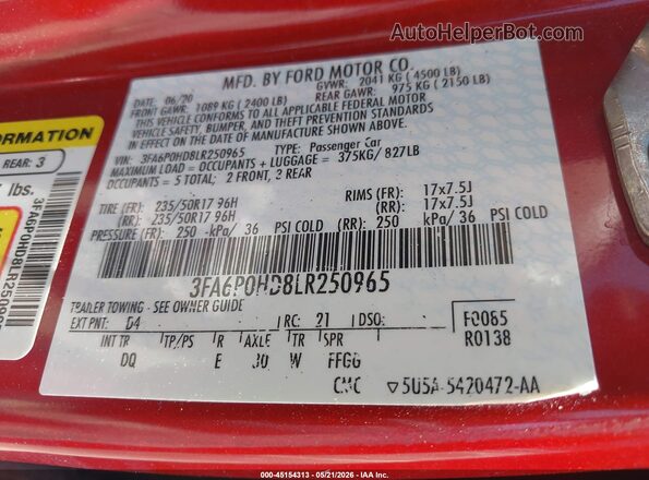 3FA6P0HD8LR250965 2020 FORD FUSION Red Engine compartment view
