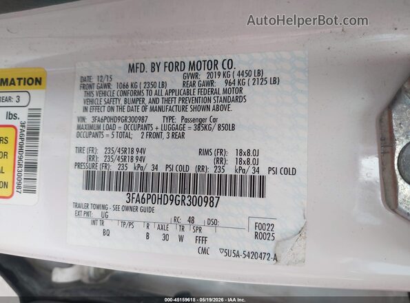 3FA6P0HD9GR300987 2016 FORD FUSION White ძრავის განყოფილების ხედი