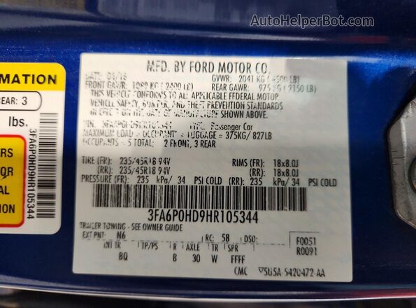 3FA6P0HD9HR105344 2017 FORD FUSION Blue 