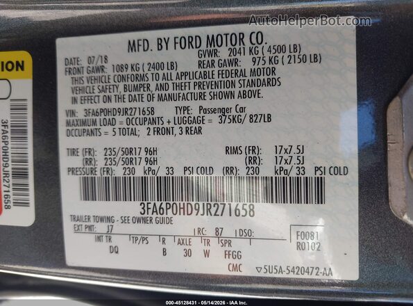 3FA6P0HD9JR271658 2018 FORD FUSION Gray Widok komory silnika
