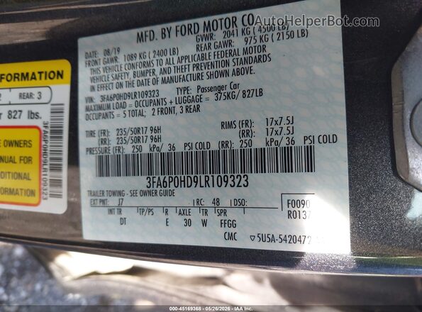 3FA6P0HD9LR109323 2020 FORD FUSION Gray Вид підкапотного простору