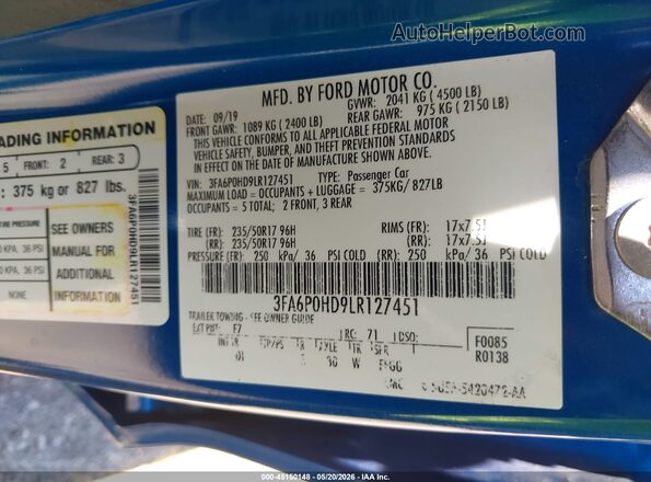 3FA6P0HD9LR127451 2020 FORD FUSION Blue Շարժիչի բաժամունքի տեսք