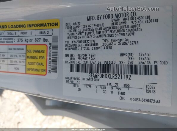 3FA6P0HDXLR221192 2020 FORD FUSION White Vista del compartimento del motor