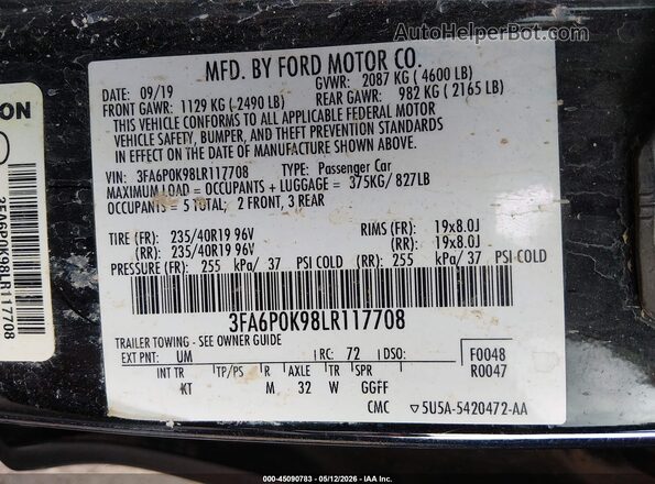 3FA6P0K98LR117708 2020 FORD FUSION Black Widok komory silnika