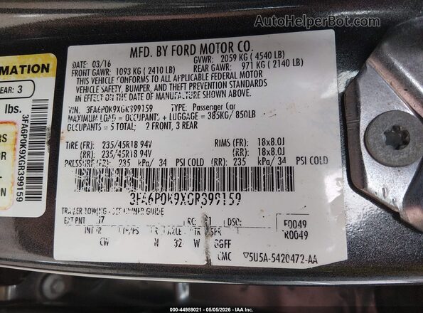 3FA6P0K9XGR399159 2016 FORD FUSION Серый 