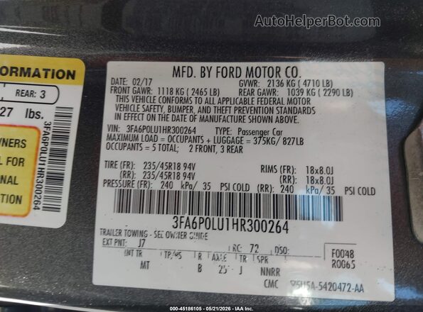 3FA6P0LU1HR300264 2017 FORD FUSION HYBRID Gray Vista del compartimento del motor