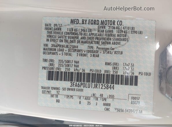 3FA6P0LU1JR125844 2018 FORD FUSION HYBRID White ძრავის განყოფილების ხედი
