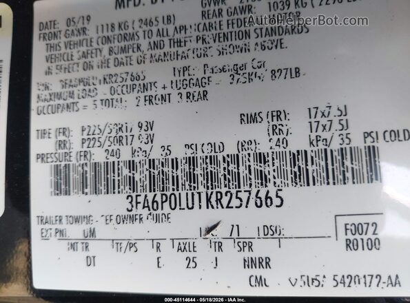 3FA6P0LU1KR257665 2019 FORD FUSION HYBRID Black Շարժիչի բաժամունքի տեսք