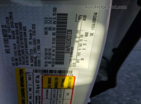 3FA6P0LU2JR221238 2018 FORD FUSION White Widok komory silnika