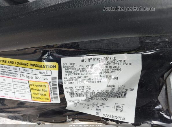 3FA6P0LU2KR218499 2019 FORD FUSION HYBRID Black ძრავის განყოფილების ხედი