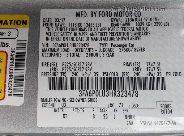 3FA6P0LU3HR323478 2017 FORD FUSION HYBRID Серебряный Вид подкапотного пространства