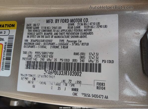 3FA6P0LU3JR102002 2018 FORD FUSION HYBRID Champagne Вид подкапотного пространства