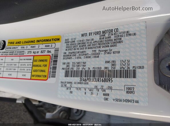 3FA6P0LU3JR168095 2018 FORD FUSION HYBRID White Vista del compartimento del motor