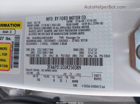 3FA6P0LU3JR250389 2018 FORD FUSION HYBRID White ძრავის განყოფილების ხედი